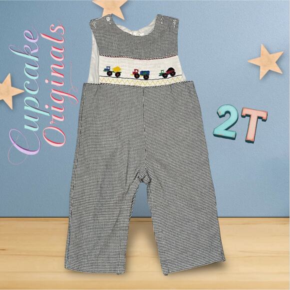 Cupcake Originals Smocked Construction Romper Boys 2T Black White Gingham Trucks - Picture 1 of 6